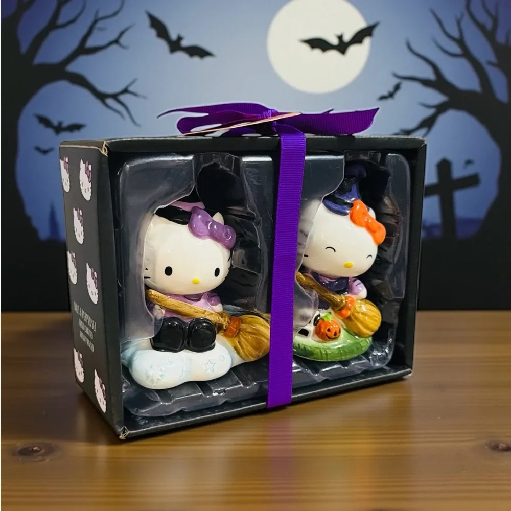 Hello Kitty Ceramic “Salt & Pepper Shakers” Set Halloween Witch Blue Sky Sanrio